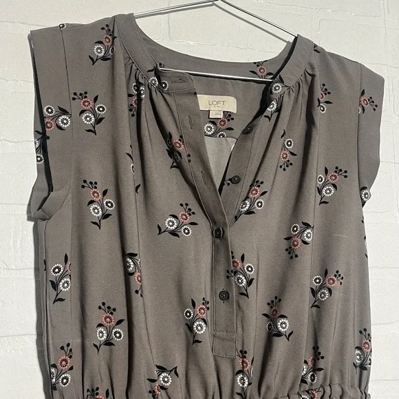 LOFT Womens Dress Taupe Gray Floral Tunic Drawstring Waist Bohemian Small - Picture 3 of 9